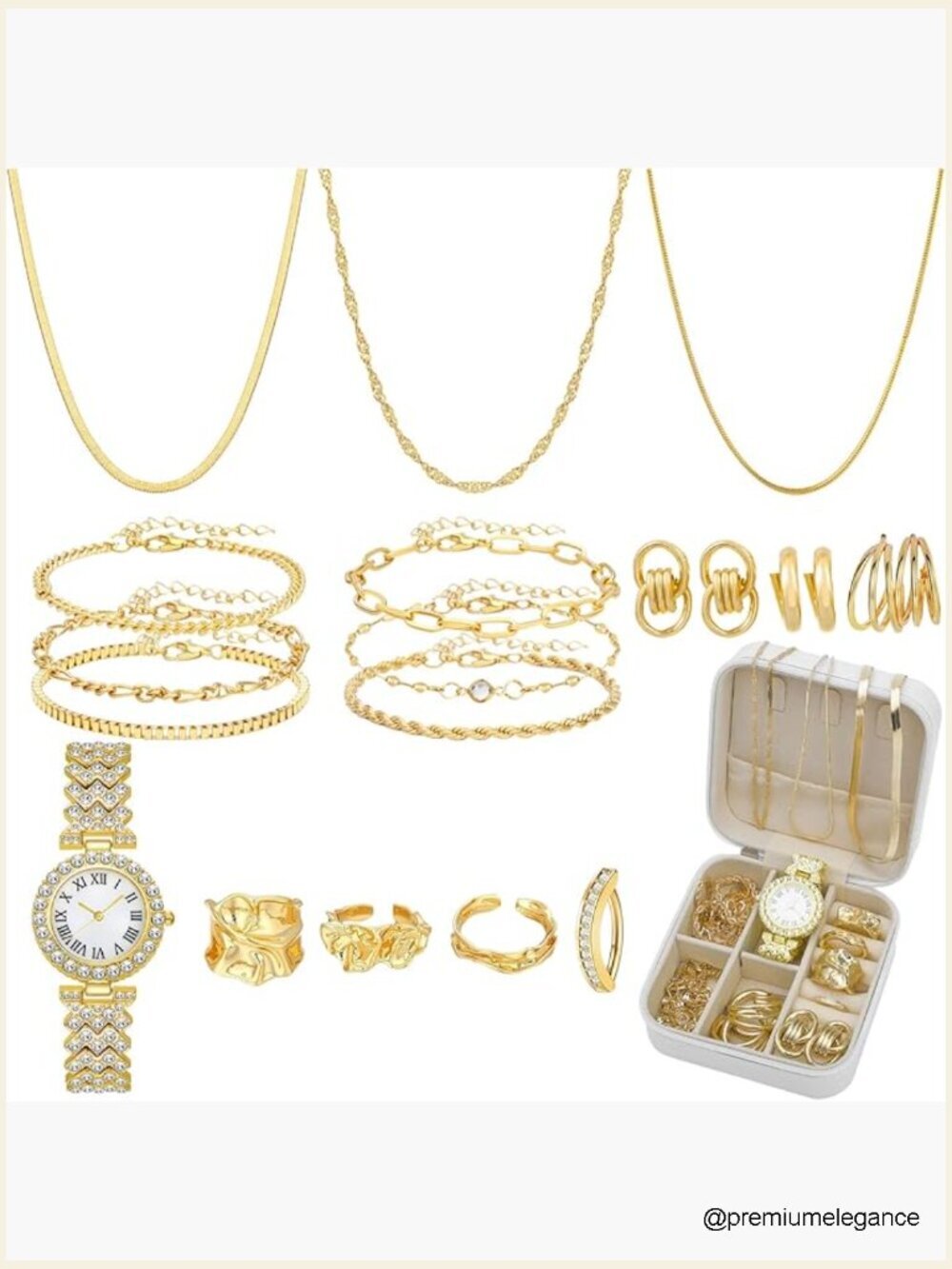 Gold Plated Jewelry Set with Box 21 Pieces Necklace Bracelet Watch